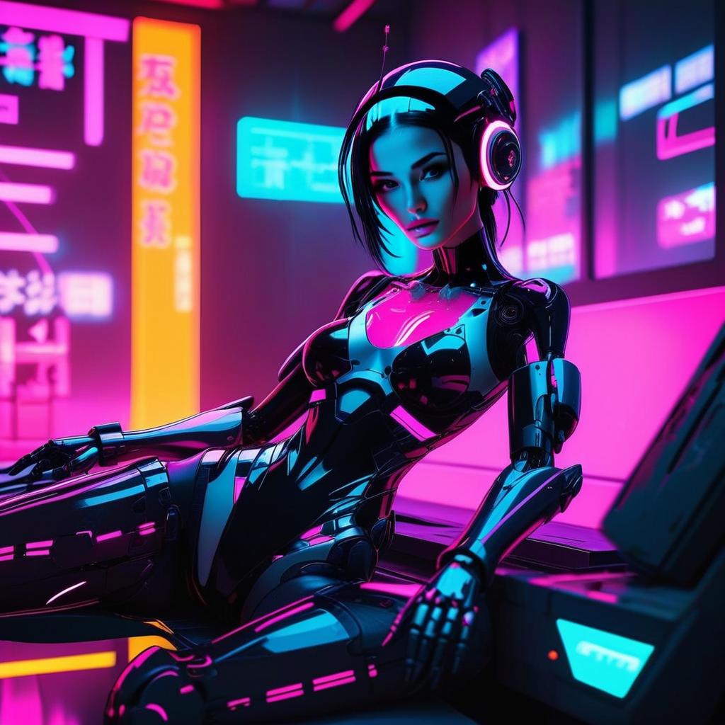 Futuristic Cyberpunk Woman Robot in Neon City