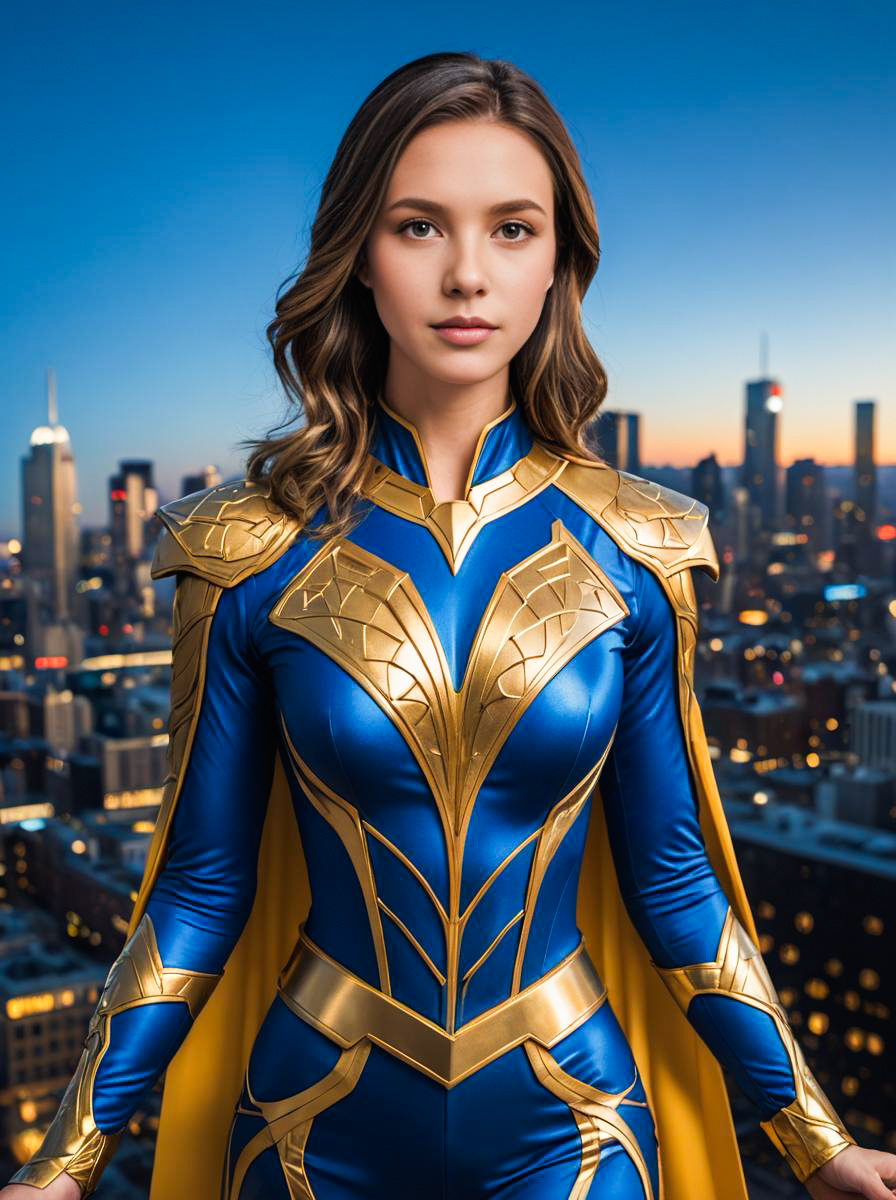 Confident Woman in Blue and Gold Superhero Costume