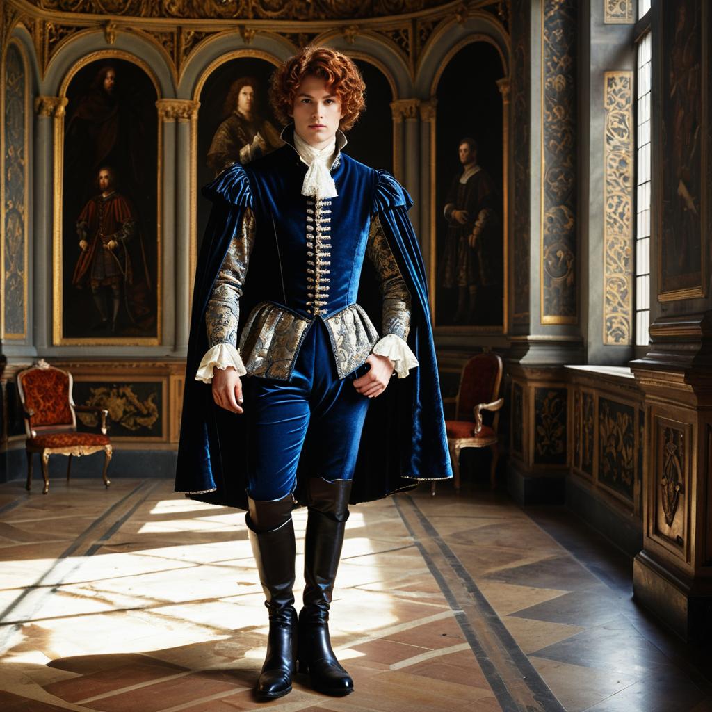Young Man in Blue Renaissance Velvet Costume in Ornate Historical Interior