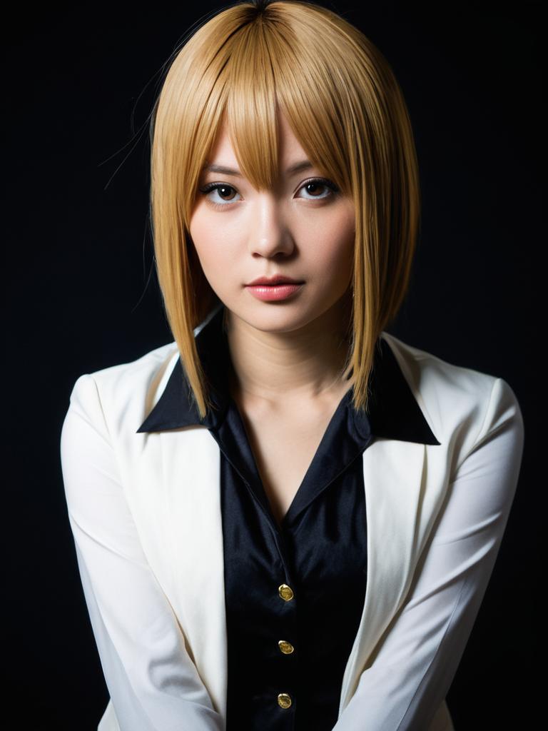 Realistic Sayu Yagami Cosplay Woman in White Blazer and Blonde Bob Hairstyle