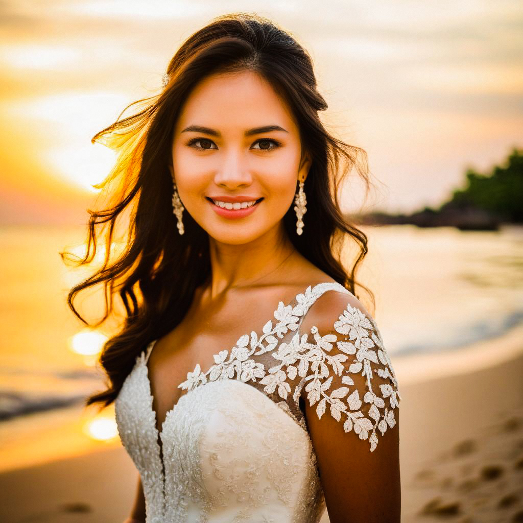 Smiling Bride in Lace Dress at Sunset on Beach