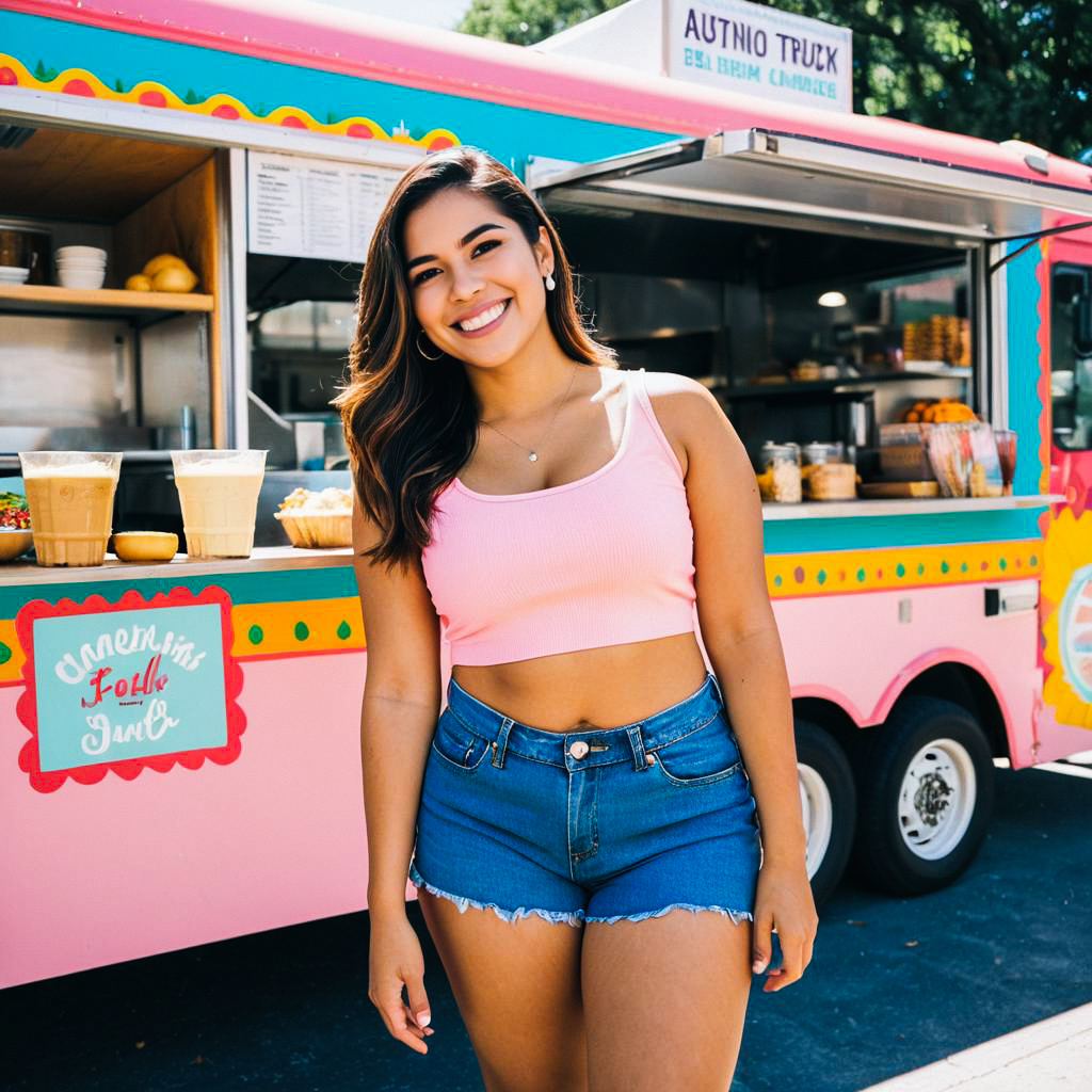 Young Woman in Pink Crop Top by Food Truck Young Woman in Pink Crop Top by Food Truck