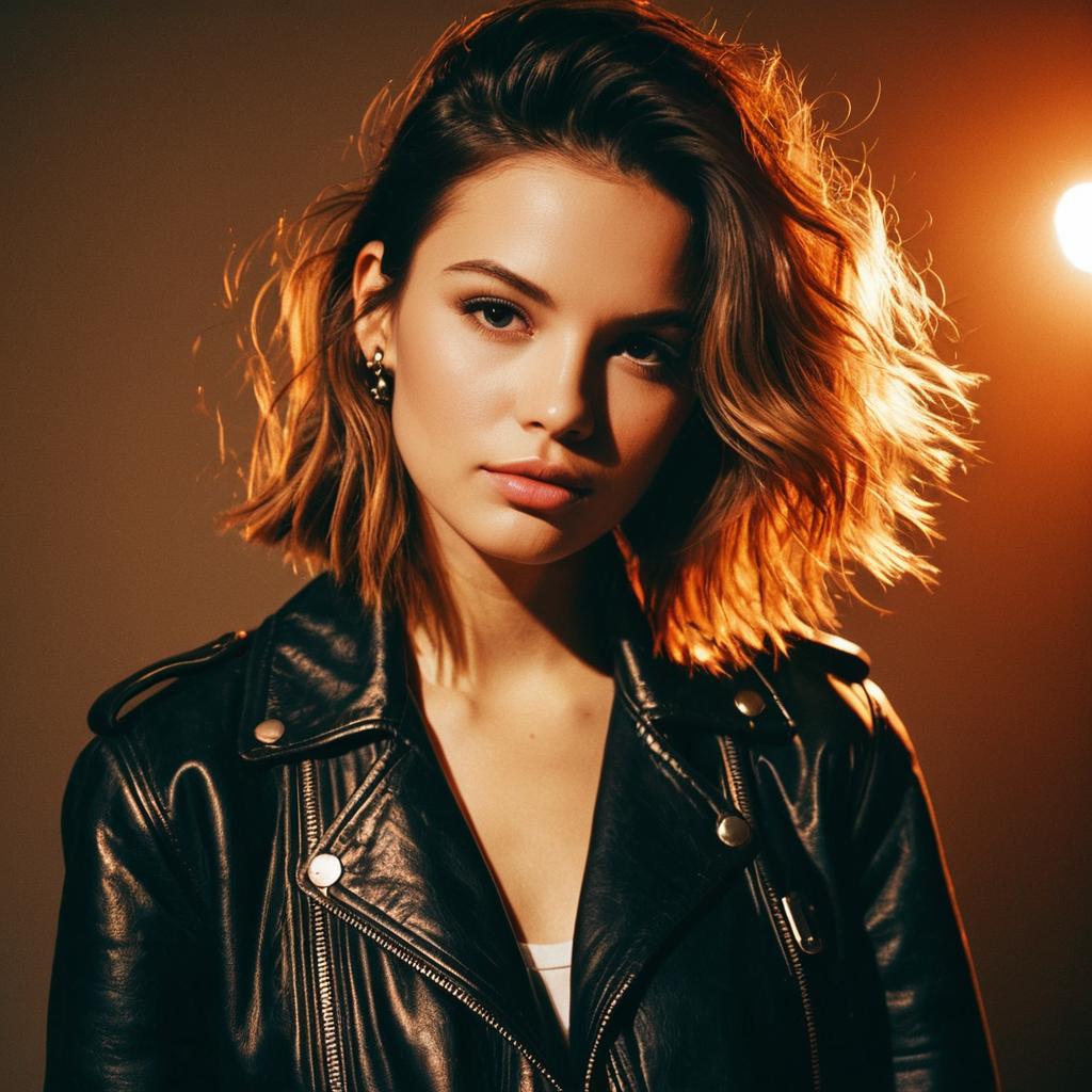 Young Woman in Black Leather Jacket with Warm Lighting Portrait