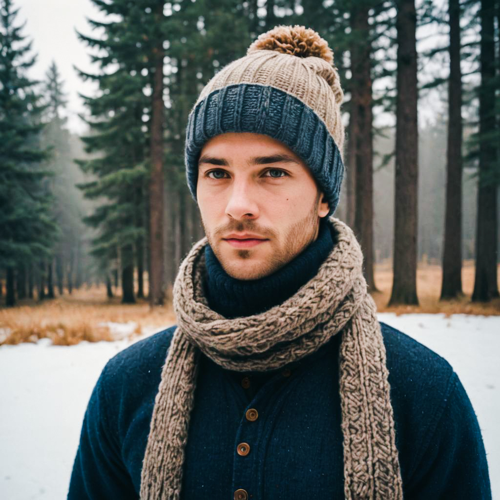 Young Man in Winter Outfit in Snowy Forest