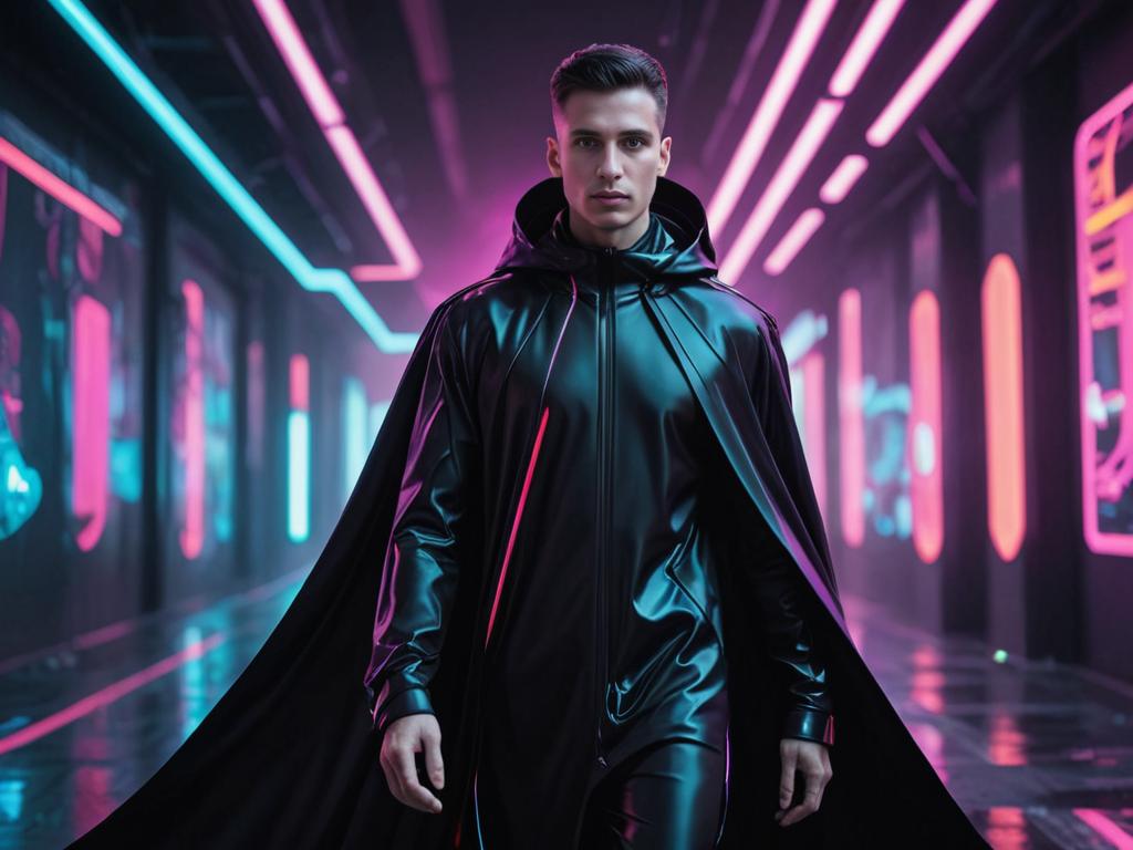 Confident Man in Black Cloak - Futuristic Cyberpunk Aesthetic