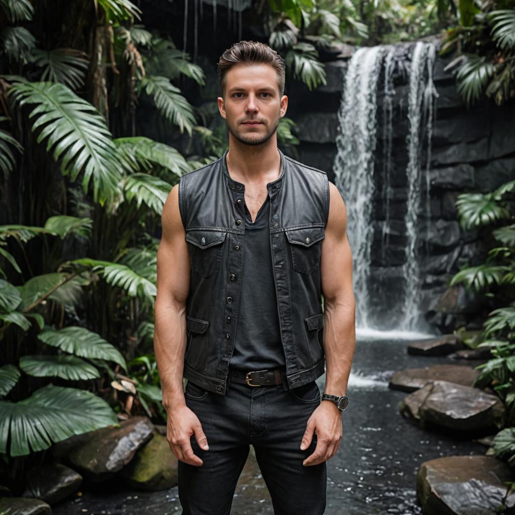 Confident Man at Serene Waterfall