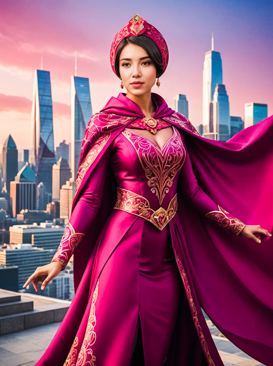 Elegant Woman in Cerise Costume Against City Skyline