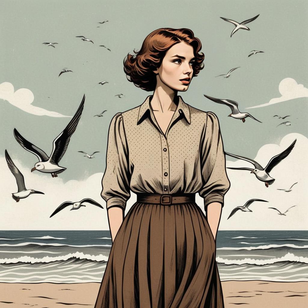 Vintage woman on beach with seagulls Vintage woman on beach with seagulls