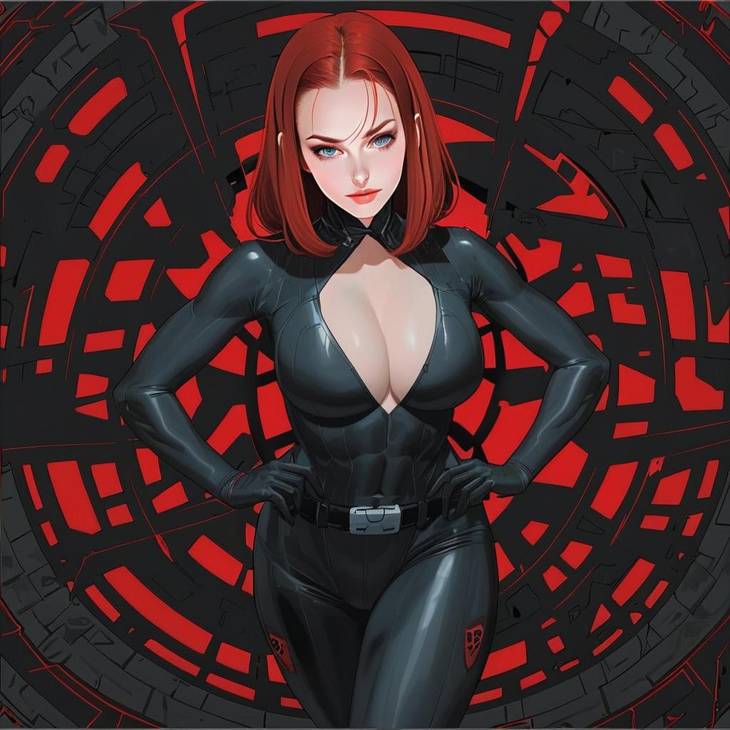 Anime Style Black Widow Character in Tactical Suit with Red Hair
