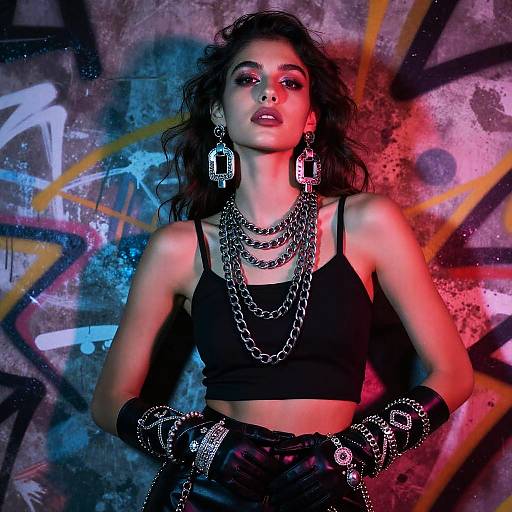 Edgy Gen Z Woman in Black Crop Top with Silver Chains and Leather Gloves Against Graffiti Wall