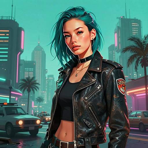 Cyberpunk Style Young Woman with Teal Hair in Neon Cityscape