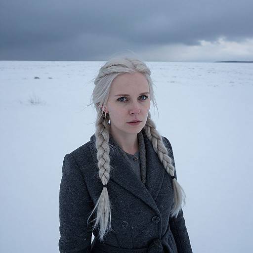 Woman in Grey Coat with Blonde Braids in Snowy Landscape