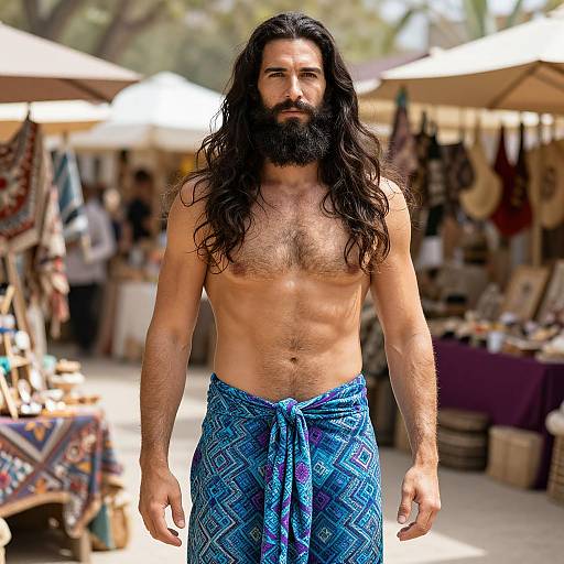 Shirtless Man with Beard in Blue Wrap at Outdoor Market
