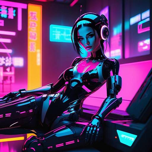Futuristic Cyberpunk Woman Robot in Neon City