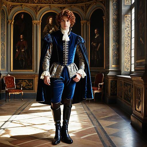 Young Man in Blue Renaissance Velvet Costume in Ornate Historical Interior