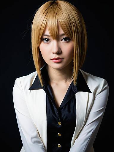 Realistic Sayu Yagami Cosplay Woman in White Blazer and Blonde Bob Hairstyle