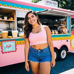 Young Woman in Pink Crop Top by Food Truck