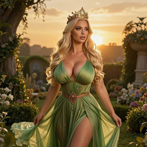 Regal Woman in Green Gown and Crown in Sunset Garden