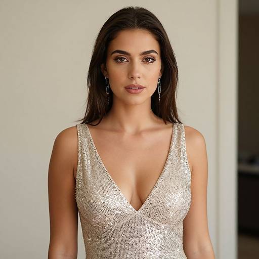Elegant Woman in Beige Sequin Dress with Deep V Neckline