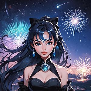 Young Woman with Blue Hair in a Vibrant Night Sky