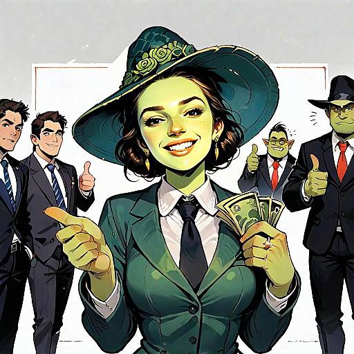 Confident Woman in Green Hat Holding Cash with Group of Men in Suits Comic Art