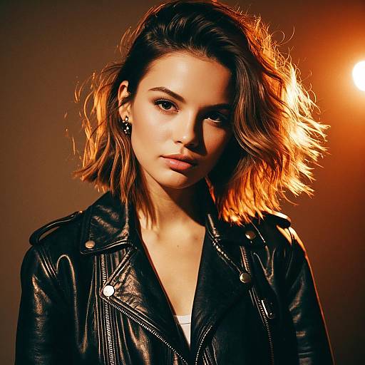 Young Woman in Black Leather Jacket with Warm Lighting Portrait