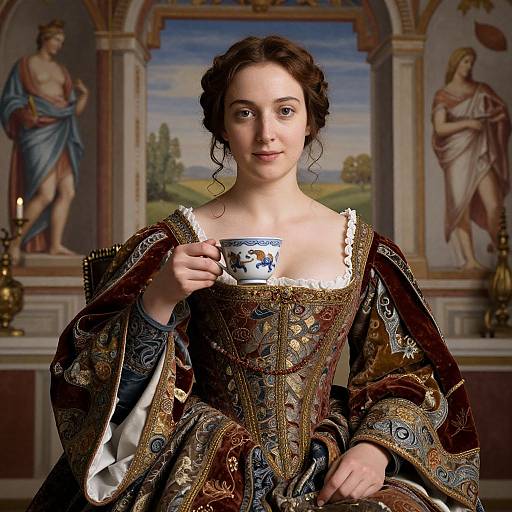 Renaissance Woman in Ornate Gown Holding Porcelain Teacup