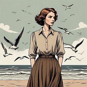 Vintage woman on beach with seagulls