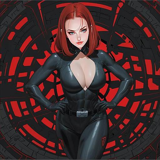 Anime Style Black Widow Character in Tactical Suit with Red Hair