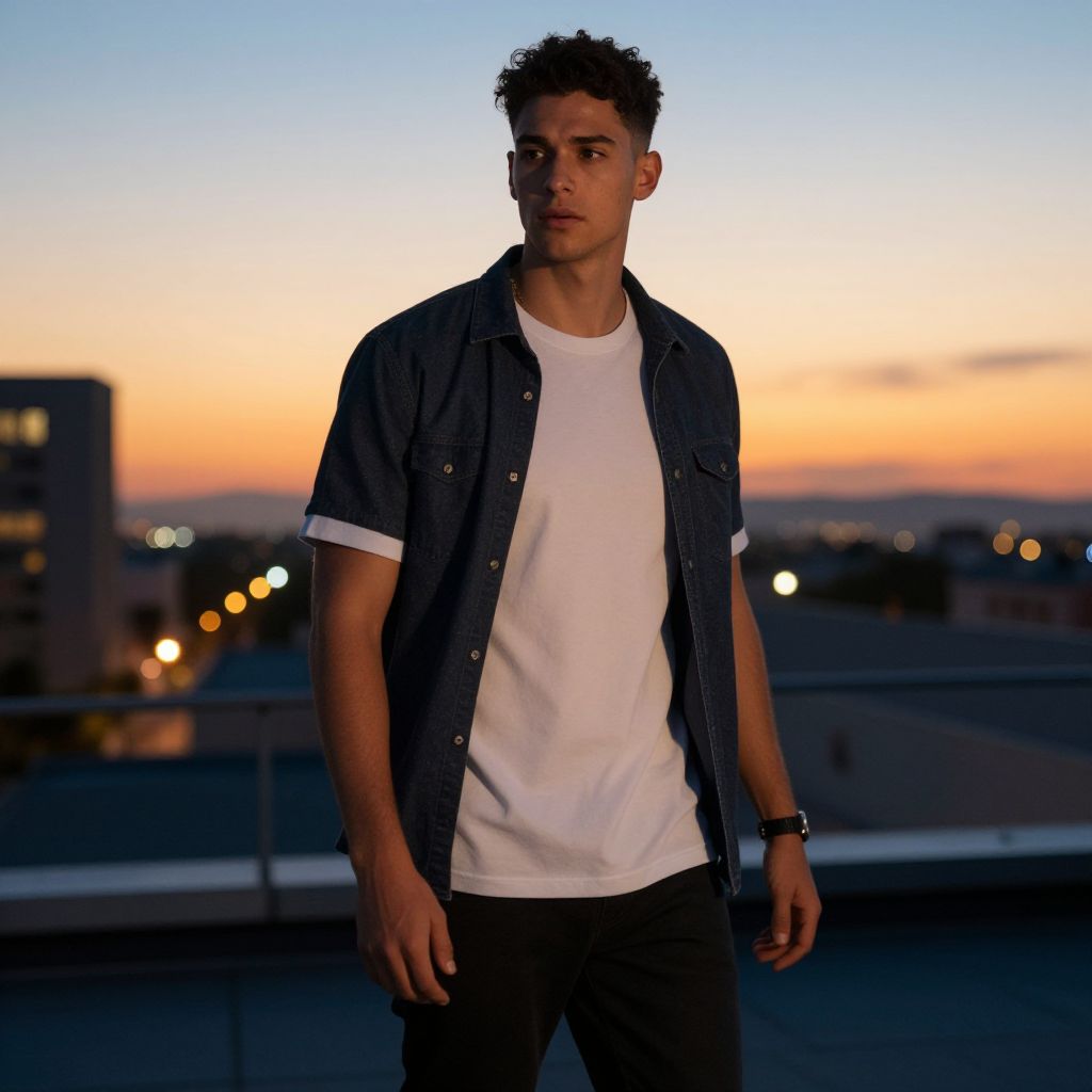 Young Man on Rooftop at Sunset Wearing Denim Shirt
