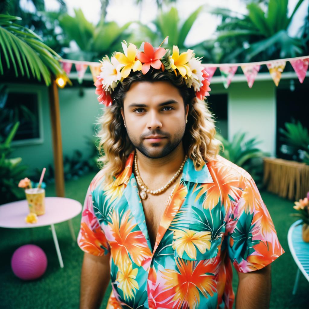 Confident man in floral crown and Hawaiian shirt