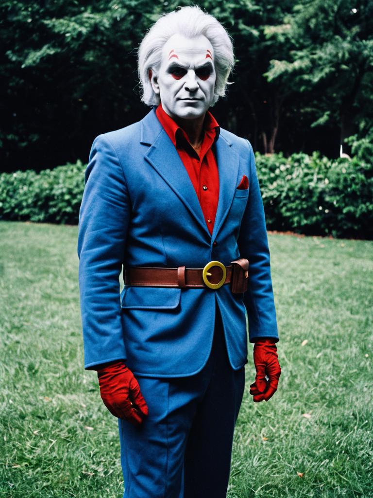Realistic Bill Rizer Cosplay Man in Blue Suit Outdoor
