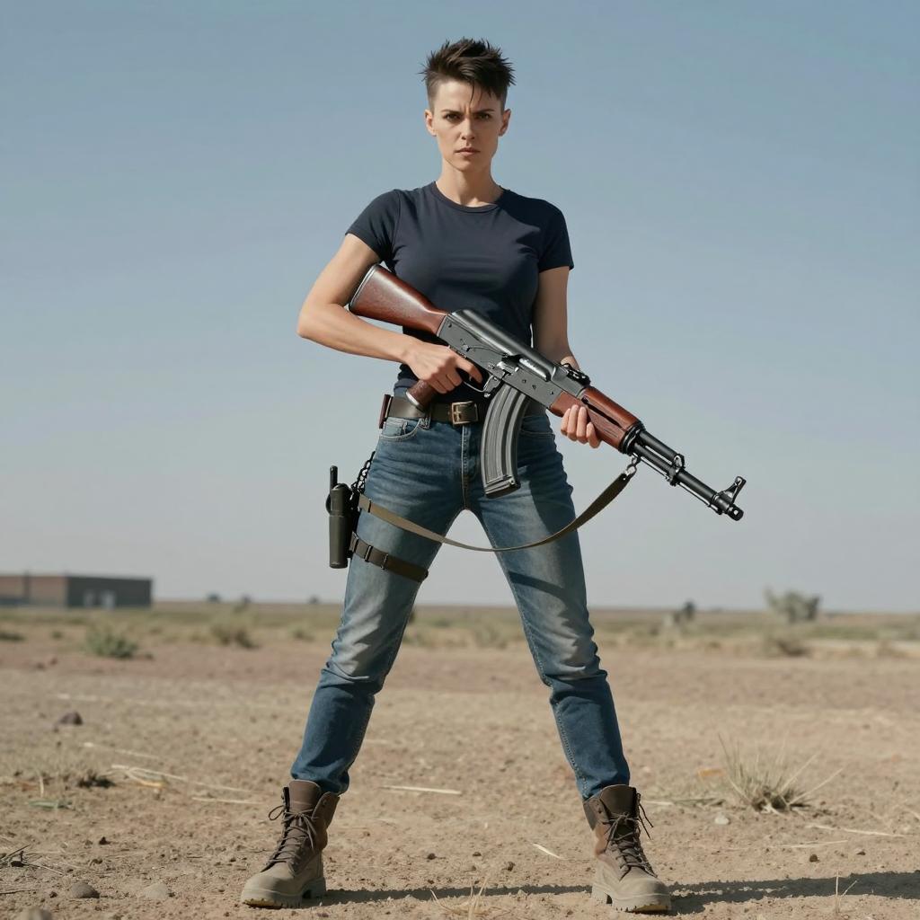 Confident Woman with AK-47 Rifle in Desert Tactical Outfit