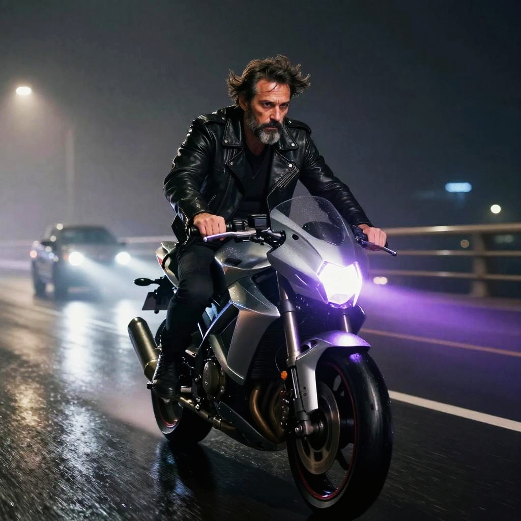 Man Riding Silver Motorcycle at Night Dressed in Leather Jacket