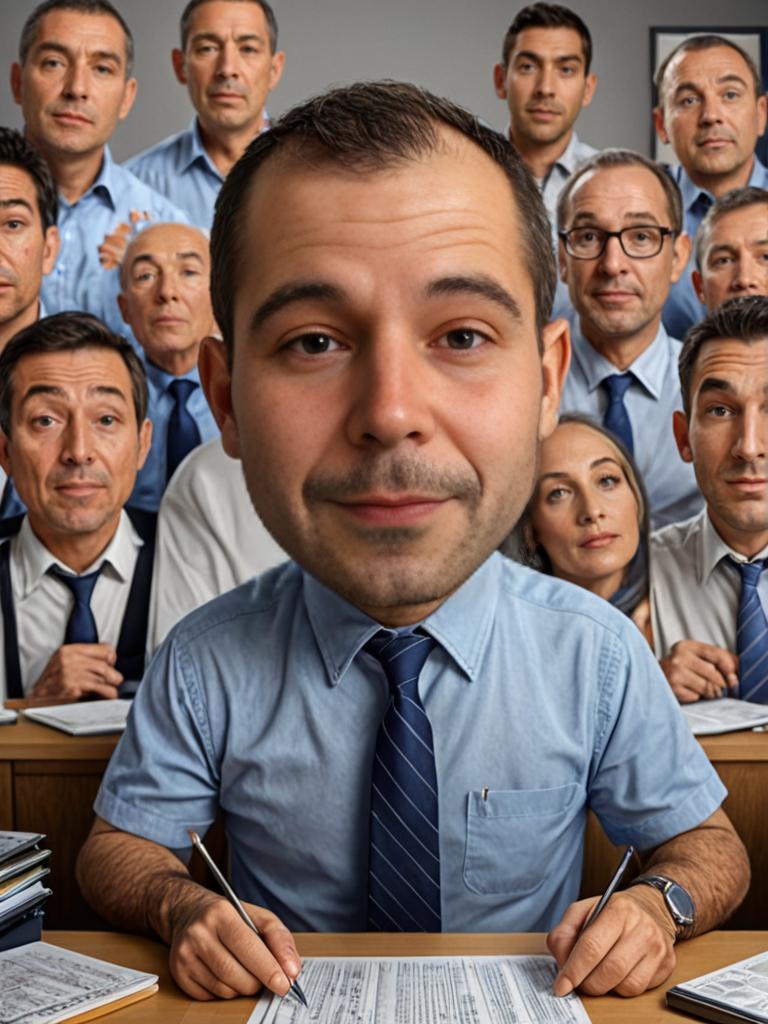 Confident Man with Multiple Expressions at Desk