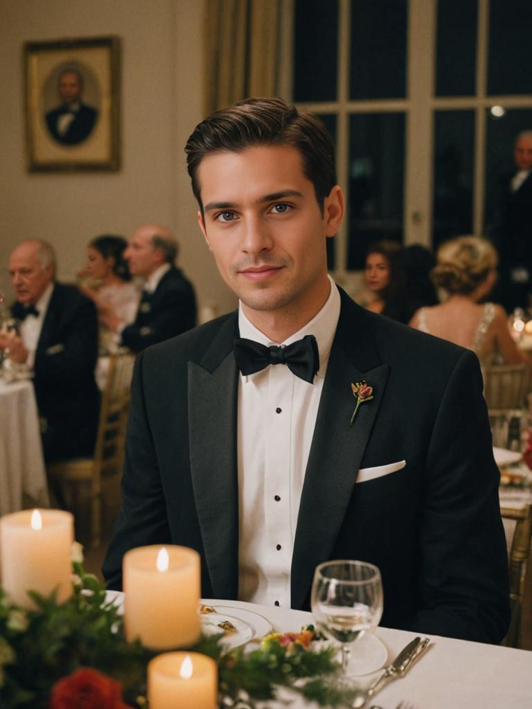 Suave Man in Tuxedo at Formal Dinner