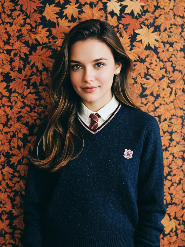 Preppy Fall Fashion Woman in Navy Sweater and Autumn Leaf Background