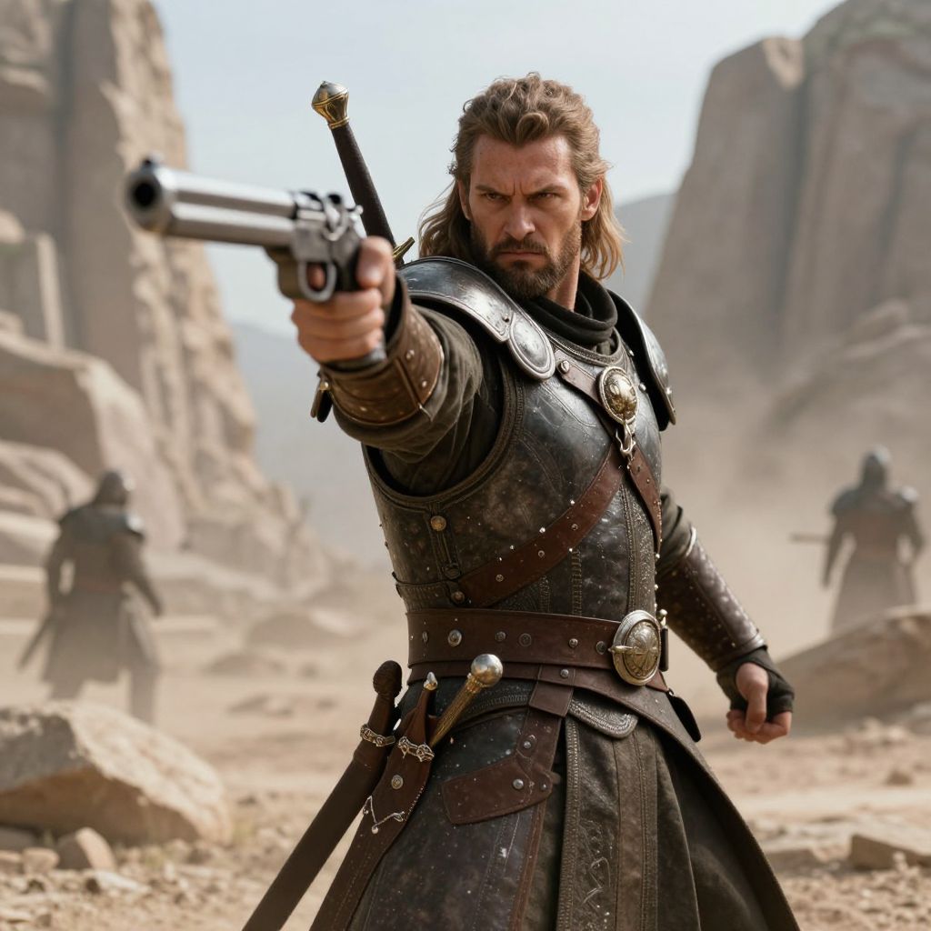 Medieval Armored Man Aiming Pistol in Desert Scene vllm2604092206s97w