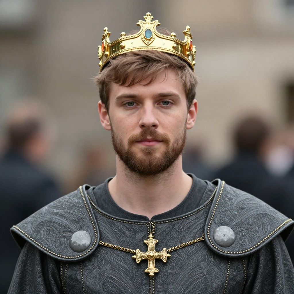 Medieval Young Man Wearing Golden Crown and Armor
