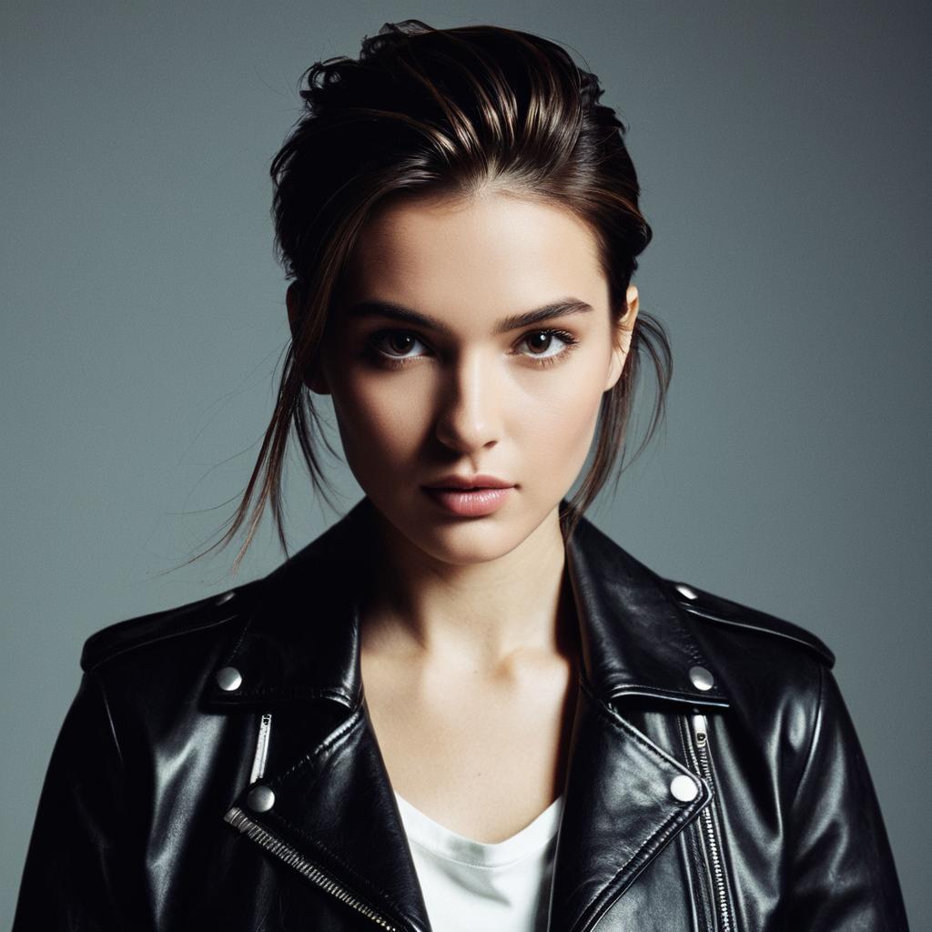 Confident Young Woman in Black Leather Jacket Portrait