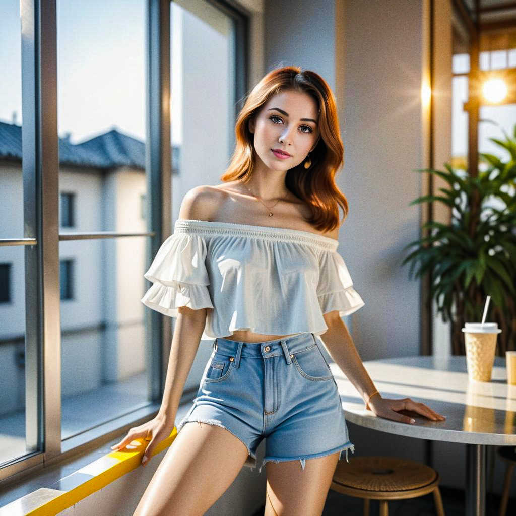 Stylish Woman in Off-Shoulder Top by Window