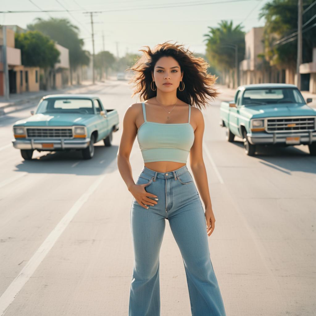 Confident Woman in Vintage Teal Cars