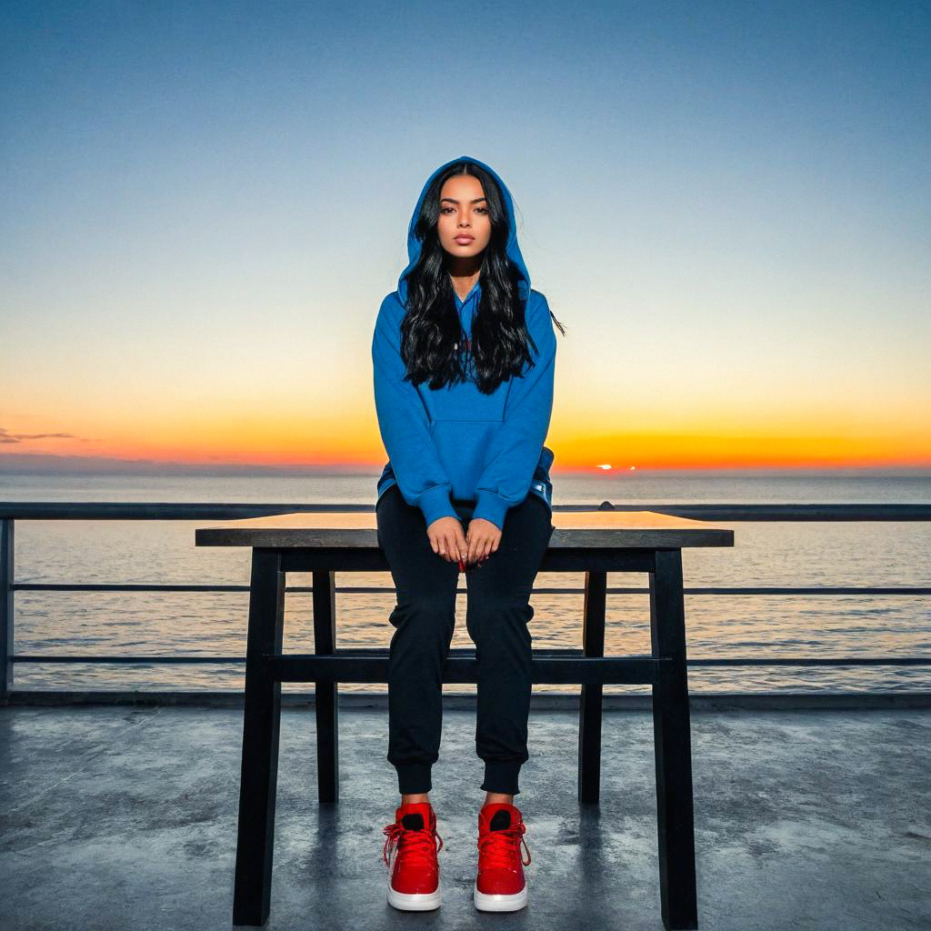 Woman in Blue Hoodie by the Sea at Sunset Woman in Blue Hoodie by the Sea at Sunset