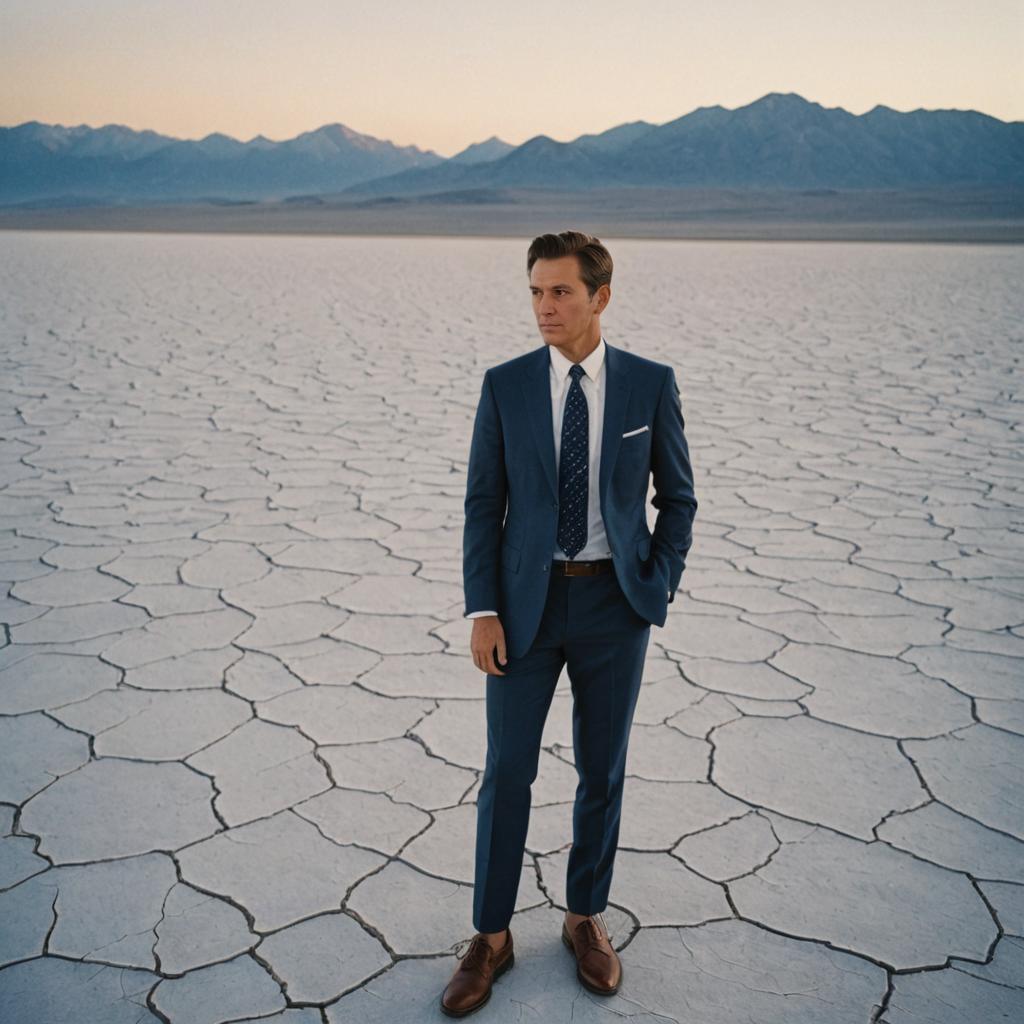 Man in Blue Suit on Cracked Desert Landscape