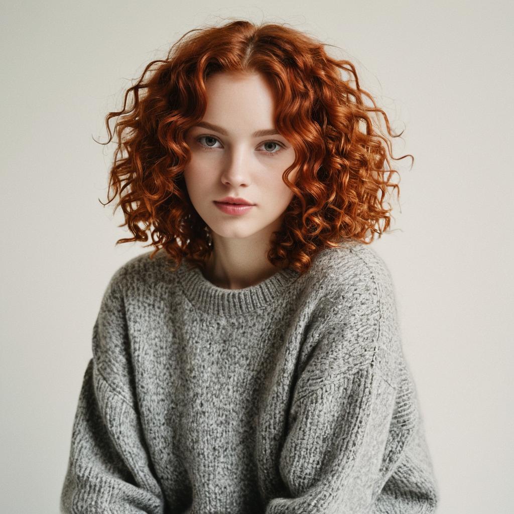 Young Woman with Red Hair in Grey Sweater