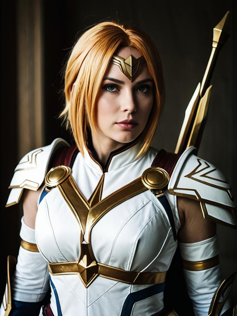 Realistic Nora Valkyrie Cosplay Woman in White and Gold Armor