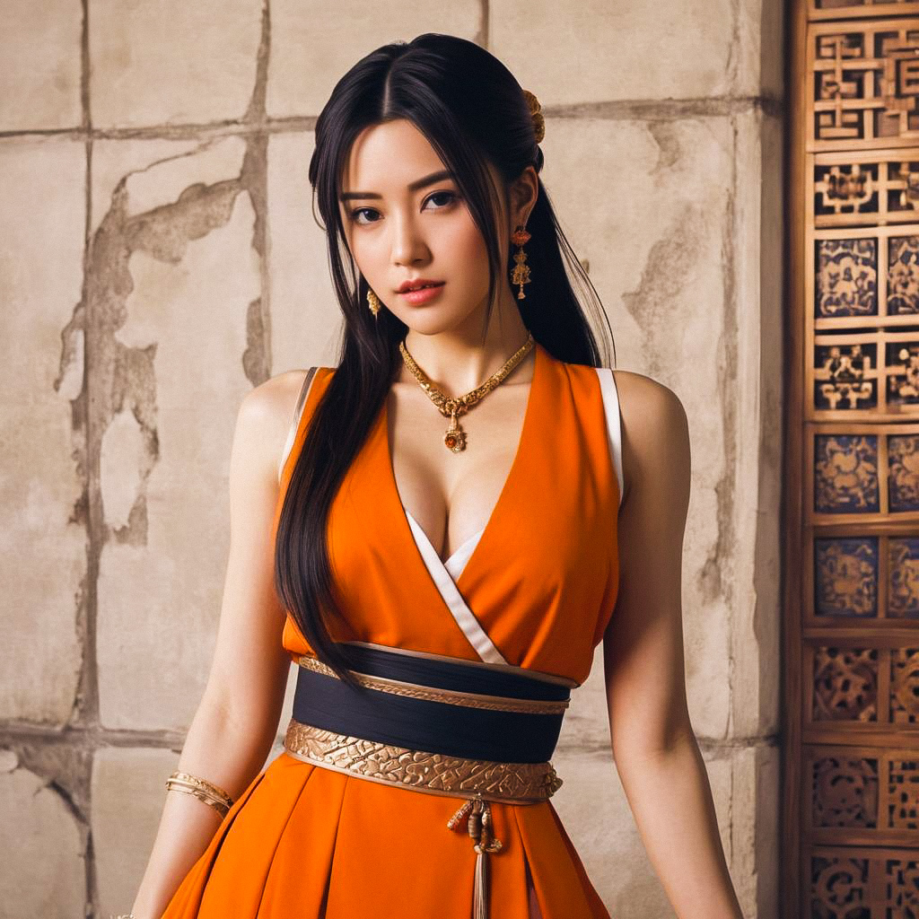 Elegant Woman in Orange Dress with Gold Accents Elegant Woman in Orange Dress with Gold Accents