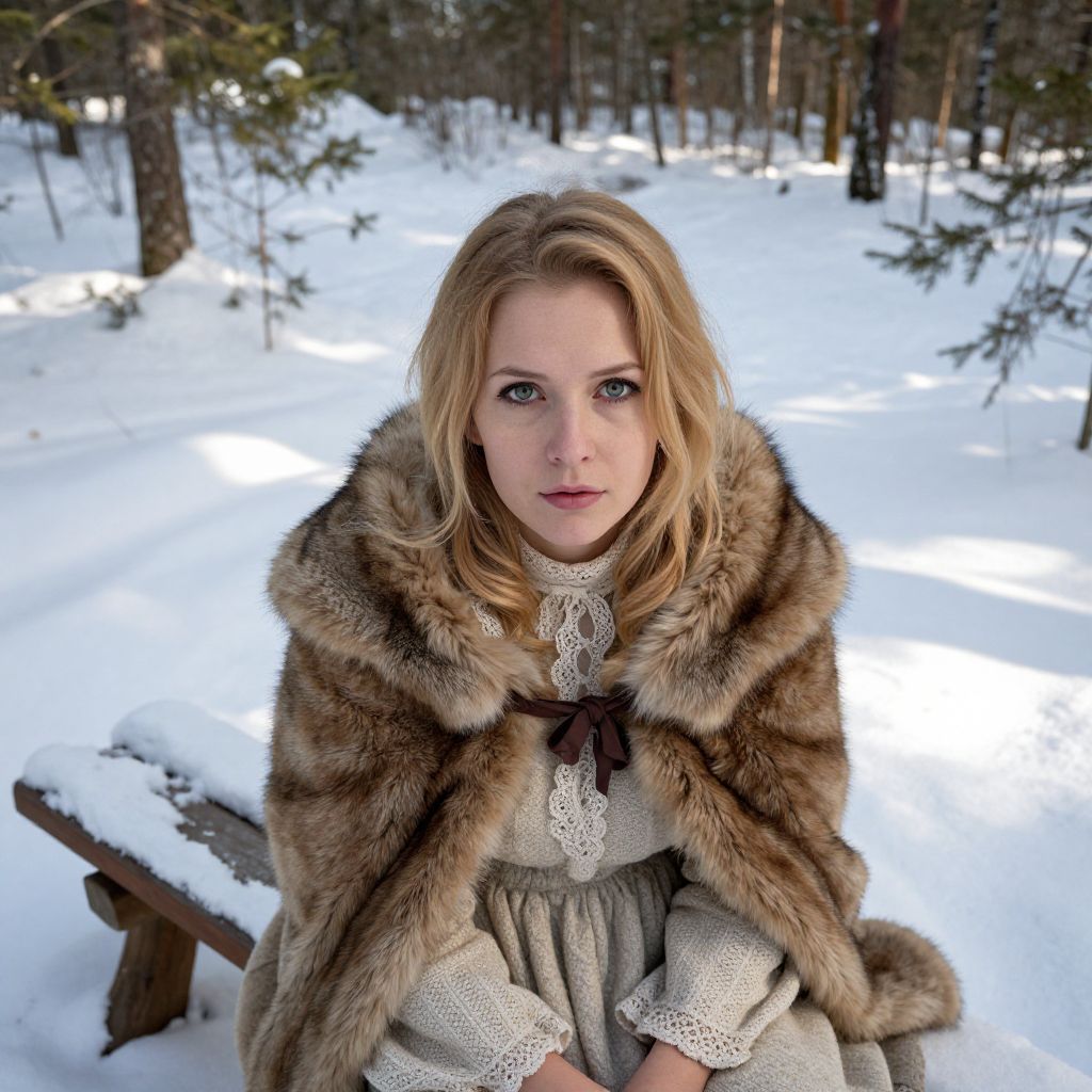 Young Woman in Vintage Dress and Fur Cloak Sitting on Snowy Bench in Forest