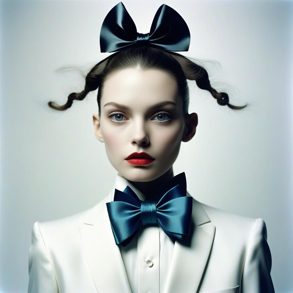 Woman in White Blazer with Blue Satin Bow