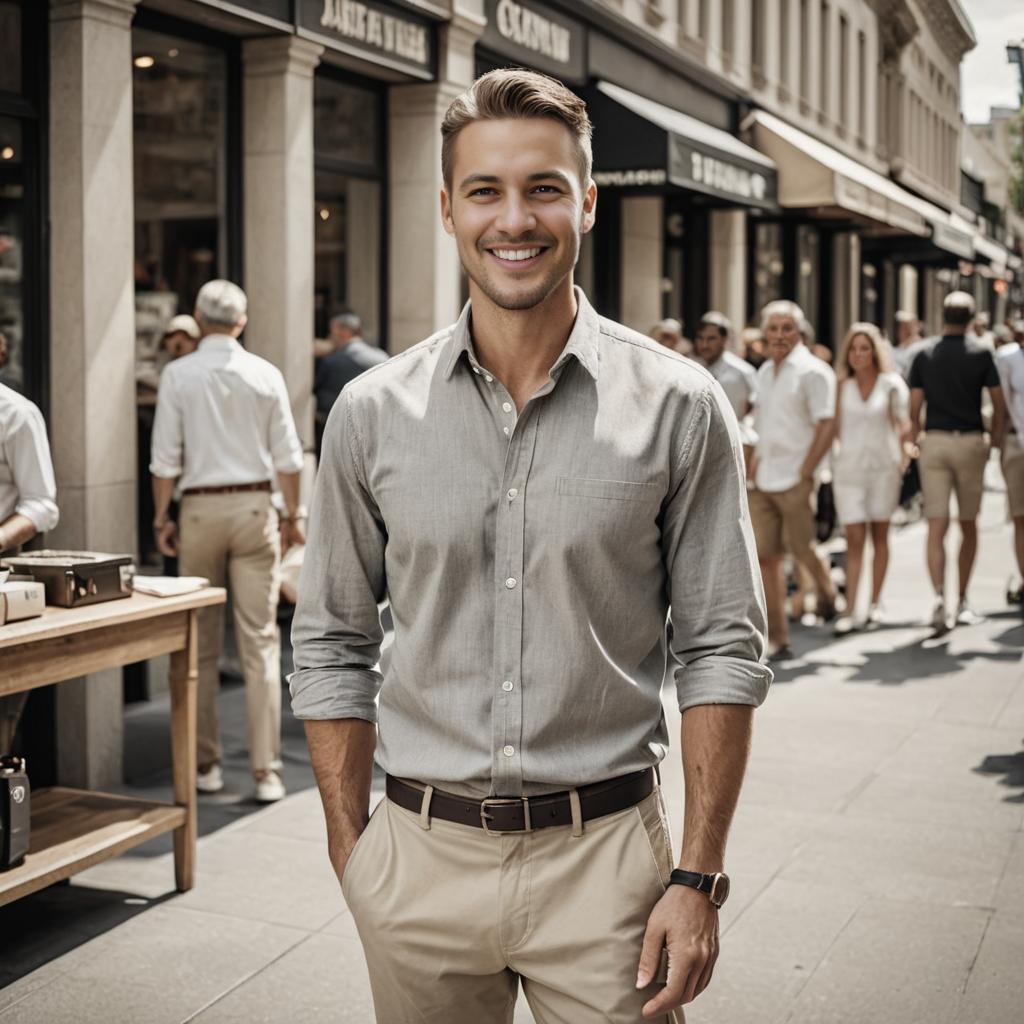 Charming Man in Smart Casual Attire on Busy City Street